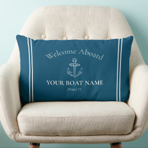 Welcome Aboard Boat Name Ocean Blue Nautical Lumbar Pillow