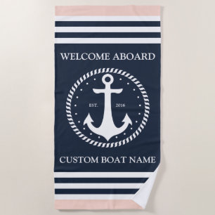 Welcome Aboard Boat Name - Personalized Navy Coral Beach Towel