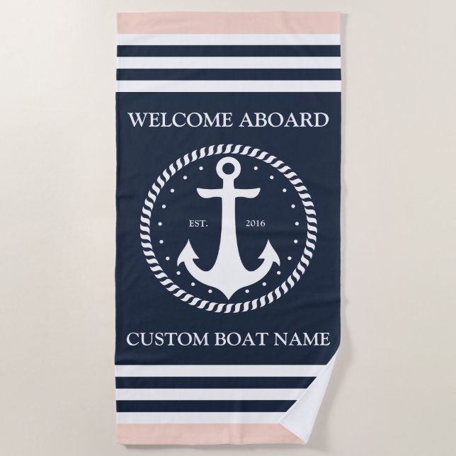 Welcome Aboard Boat Name - Personalized Navy Coral Beach Towel (Front)