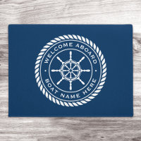 Welcome aboard boat name rope nautical ship wheel
