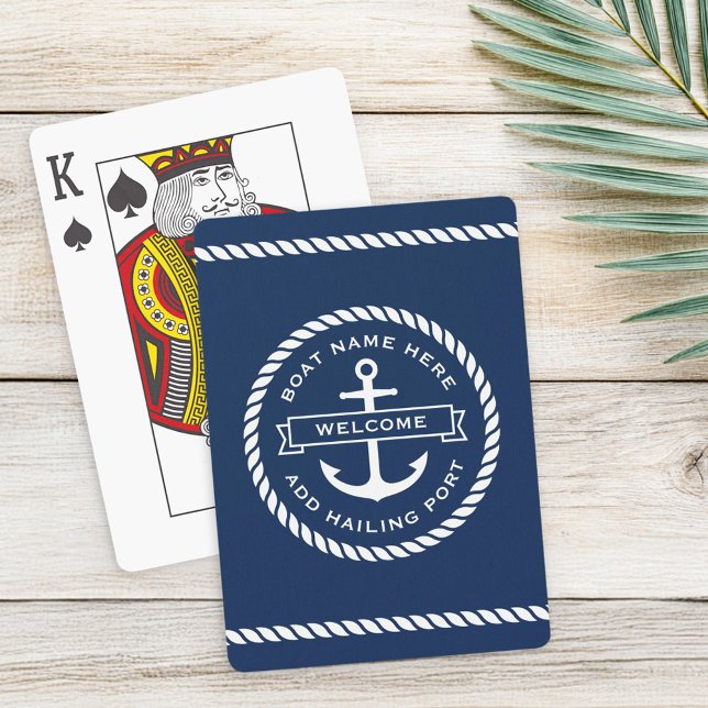 Welcome aboard boat name rope nautical ship wheel playing cards (Welcome aboard boat name rope nautical ship wheel poker cards)
