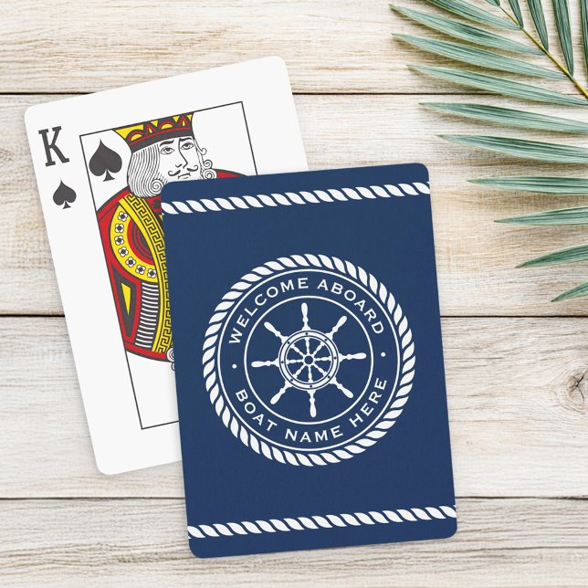 Welcome aboard boat name rope nautical ship wheel playing cards (Welcome aboard boat name rope nautical ship wheel poker cards)