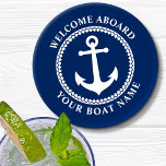 Welcome Aboard Boat Name Sea Anchor Navy Blue Coas Coaster Set<br><div class="desc">A stylish nautical themed coaster set with welcome aboard and your personalized boat name or other desired text. Features a custom designed sea anchor with diamond trim. Comes in white on navy blue or easily change the base colour to match your current decor.</div>