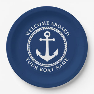 Welcome Aboard Boat Name Sea Anchor Navy Blue Pape Paper Plate