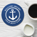 Welcome Aboard Boat Name Sea Anchor Navy Blue Roun Round Paper Coaster<br><div class="desc">A stylish nautical themed paper coaster set with welcome aboard and your personalized boat name or other desired text. Features a custom designed sea anchor with diamond trim. Comes in white on navy blue or easily change the base colour to match your current decor.</div>