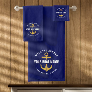 Welcome Aboard Boat Navy Blue Gold Nautical Anchor Bath Towel Set