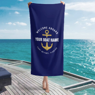 Welcome Aboard Boat Navy Blue Gold Nautical Anchor Beach Towel