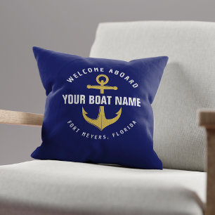 Welcome Aboard Boat Navy Blue Gold Nautical Anchor Throw Pillow