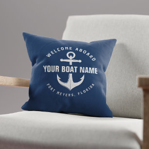 Welcome Aboard Boat Navy Blue Nautical Anchor Throw Pillow
