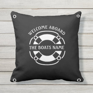 Welcome Aboard Boats Name Nautical White and Black Outdoor Pillow