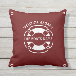 Welcome Aboard Boats Name Nautical White Dark Red Outdoor Pillow