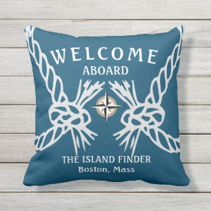 Welcome Aboard Boats Name Ocean Blue White Grey Outdoor Pillow