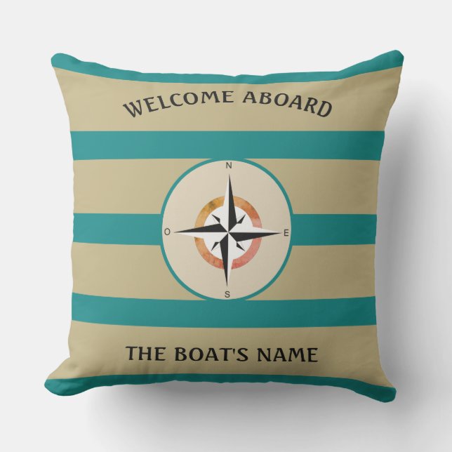 Welcome Aboard Boats Name Teal Stripes Sand Colour Outdoor Pillow (Front)