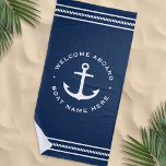 Welcome aboard custom boat name anchor dark blue beach towel<br><div class="desc">Beach towel featuring a white nautical anchor and customizable text "welcome aboard" and your boat name. White design on dark blue background.</div>