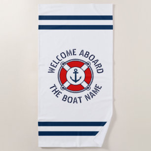 Welcome aboard custom boat name nautical anchor beach towel