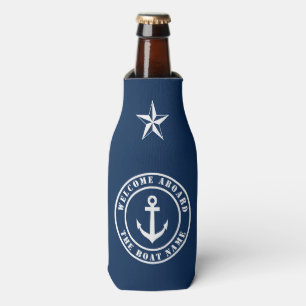 Welcome aboard custom boat name nautical anchor bottle cooler