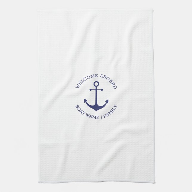 Welcome Aboard custom name navy blue anchor white Kitchen Towel (Vertical)