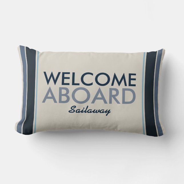 Welcome Aboard Customized Vertical Stripes Blue Lumbar Pillow (Front)
