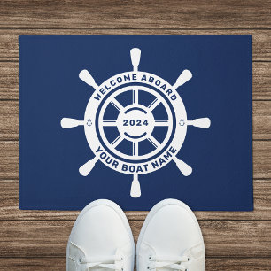 Welcome Aboard Doormat Navy Blue Custom Boat Name