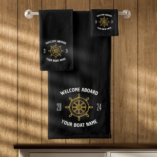 Welcome Aboard Gift for Boat Owners Black & Gold Bath Towel Set