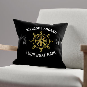 Welcome Aboard Gift for Boat Owners Black & Gold Throw Pillow