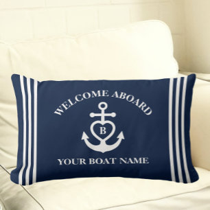 Welcome Aboard Heart Anchor Boat Name Monogram Lumbar Pillow