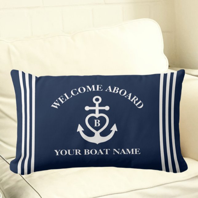 Welcome Aboard Heart Anchor Boat Name Monogram Lumbar Pillow (Creator Uploaded)