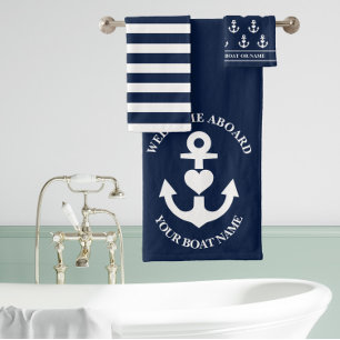 Welcome Aboard Heart Anchor Navy White Stripes Bath Towel Set