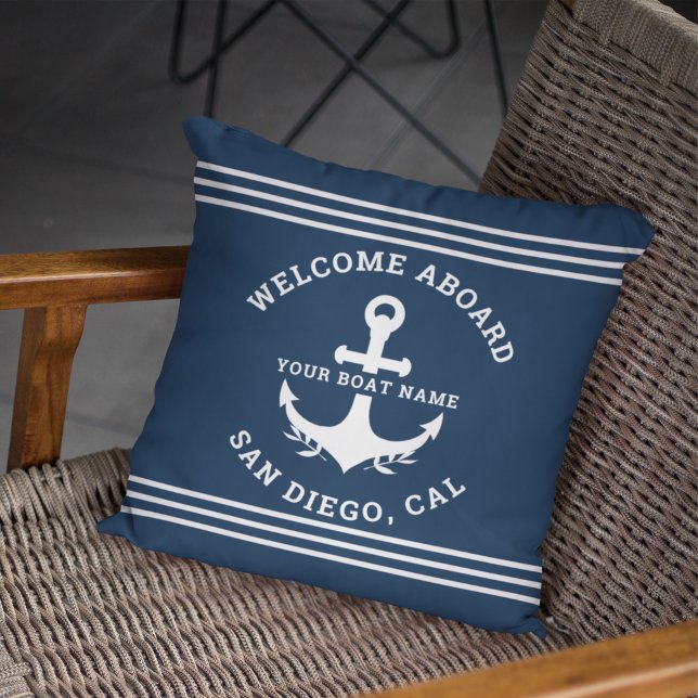 Welcome Aboard Nautica Blue Throw Pillow (Creator Uploaded)