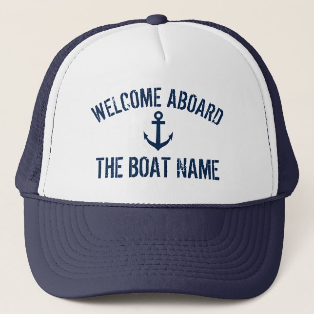 Welcome aboard nautical anchor boat name sailor tr trucker hat (Front)