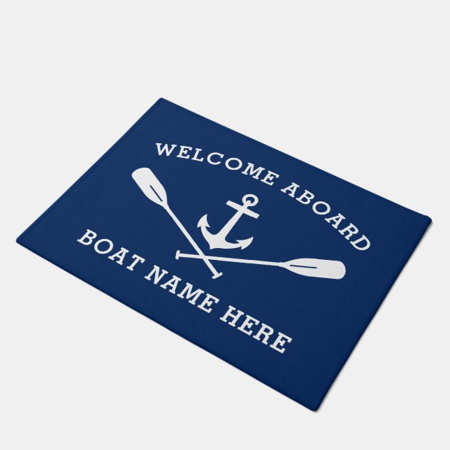Welcome Aboard Nautical Anchor Crossed Oars Navy Doormat (Angled)
