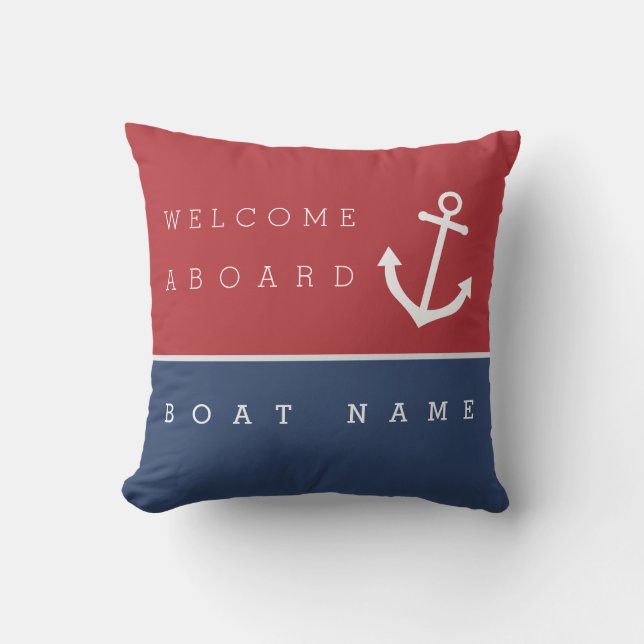 Welcome aboard nautical anchor pillow w/ boat name (Front)