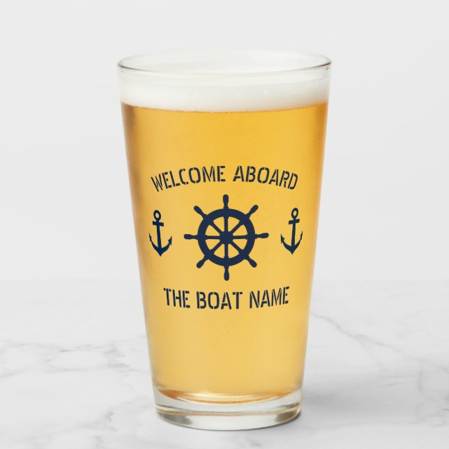 Welcome aboard nautical anchor yacht boating beer glass (Front Filled)