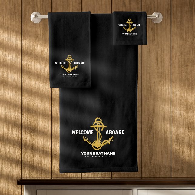 Welcome Aboard Nautical Black & Gold Boat Name Bath Towel Set (Creator Uploaded)