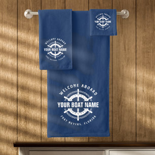 Welcome Aboard Nautical Boat Name Navy Blue Bath Towel Set