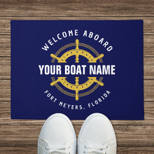 Welcome Aboard Nautical Boat Name Navy Blue Gold Doormat