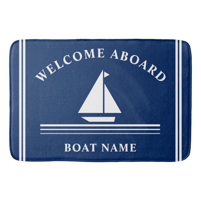Welcome Aboard Nautical Boat Navy Blue Name Bath Mat (Front)