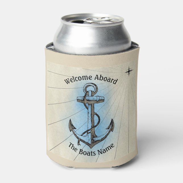 Welcome Aboard Nautical Greeting Boats Name - Can Cooler (Can Front)