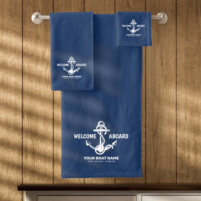 Welcome Aboard Nautical Navy Blue Boat Name Bath Towel Set (Creator Uploaded)