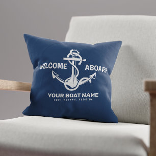 Welcome Aboard Nautical Navy Blue Boat Name Throw Pillow