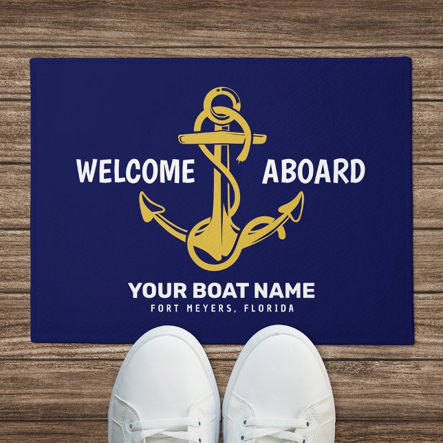 Welcome Aboard Nautical Navy Blue Gold Boat Name Doormat (Creator Uploaded)