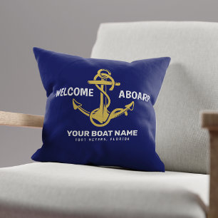 Welcome Aboard Nautical Navy Blue Gold Boat Name Throw Pillow