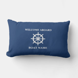 Welcome Aboard Nautical Ship Wheel Helm Navy Blue Lumbar Pillow