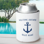 Welcome Aboard Nautical Vintage Anchor Boat Name Can Cooler<br><div class="desc">Welcome Aboard Your Personalized Boat Name with Vintage Nautical Anchor in Navy Blue on a White Can Cooler.</div>