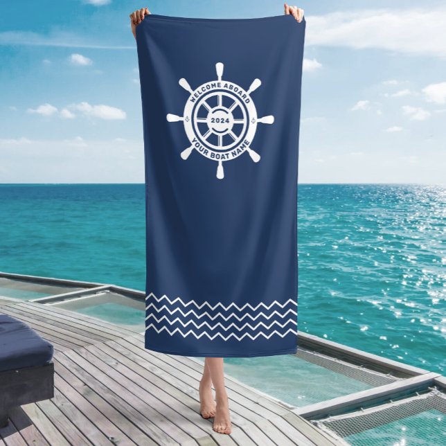 Welcome Aboard Navy Blue Custom Boat Name Beach Towel (Creator Uploaded)