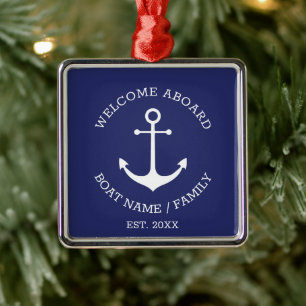 Welcome Aboard navy blue custom nautical anchor  Metal Ornament