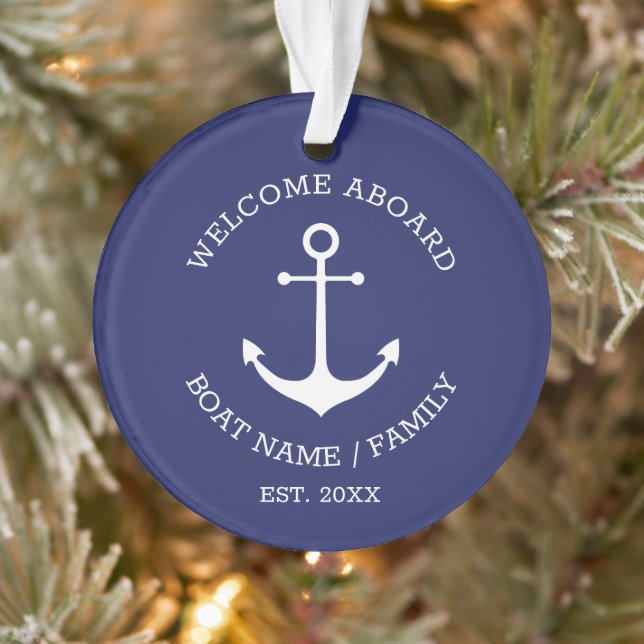Welcome Aboard navy blue custom nautical anchor Ornament (Tree)