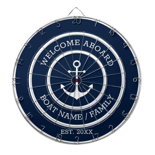 Welcome Aboard navy white nautical anchor custom Dartboard (Front)