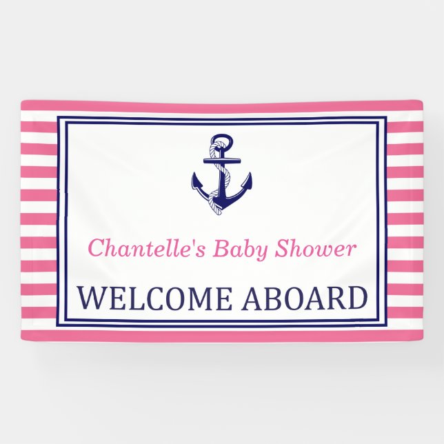 Welcome Aboard - Sign - Pink Navy Nautical (Horizontal)