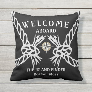 Welcome Aboard The Boats Name Black and White Outdoor Pillow